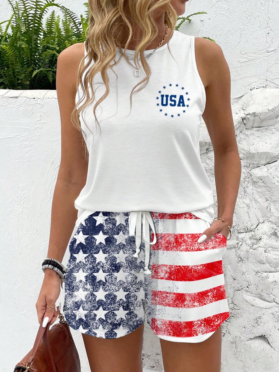 EMERY ROSE 2 Stück/Set Damen Große Größen 4. Juli USA Flagge Muster Sommer Set - Blau-Weiß - Übersicht 1