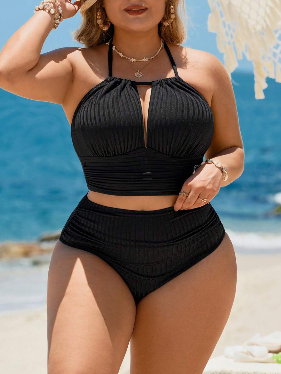 SHEIN Swim Lushore Bộ đồ bơi cổ yếm màu trơn cỡ lớn & quần bơi tam giác - màu đen - Xem 1