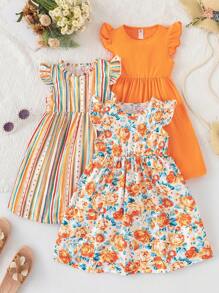 3 件套幼儿女童波西米亚花卉条纹拼布圆领荷叶边盖袖休闲连衣裙，夏季日常穿着