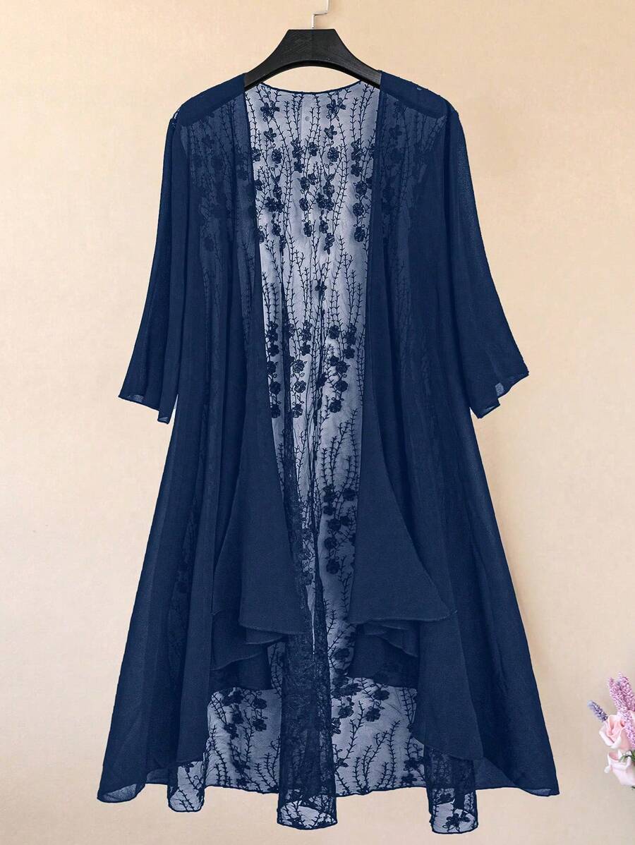 SHEIN LUNE 大码女式花卉网眼长袖开襟时尚上衣 - 藏蓝色 - 查看 1