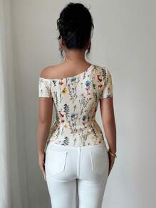 Elenzga Camiseta de mujer de un hombro ajustada con estampado floral elegante y bajo asimétrico, primavera/verano - Multicolor - Ver 2