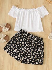 Leap Crew Conjunto de 2 piezas para vacaciones para niña preadolescente, con blusa de punto con hombros descubiertos y estampado jacquard, y pantalones cortos holgados de tejido floral tipo "ditsy" - Blanco y Negro - Ver 2