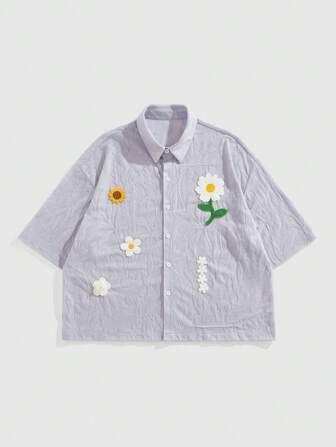 Street Life Camicia a maniche corte da uomo monopetto con ricamo di fiori e girasoli