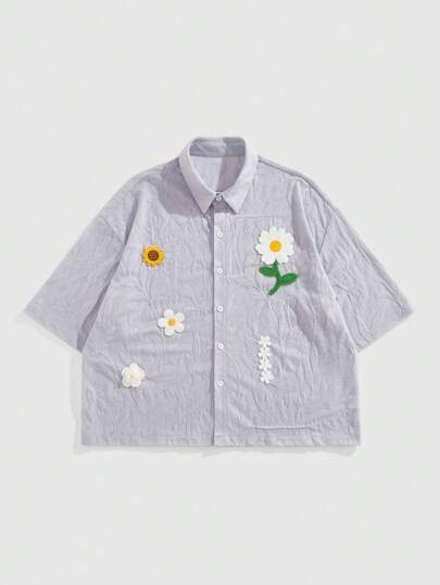 Street Life قميص رجالي أحادي الصدر بأكمام قصيرة مطرز بزهور والعباد الشمس