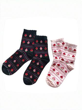 Kawaii Niedliche kurze Socken mit Erdbeermuster, Streifen, Blumenmuster und Spitzenbesatz, süßer und Lässig vielseitiger Lolita-Stil