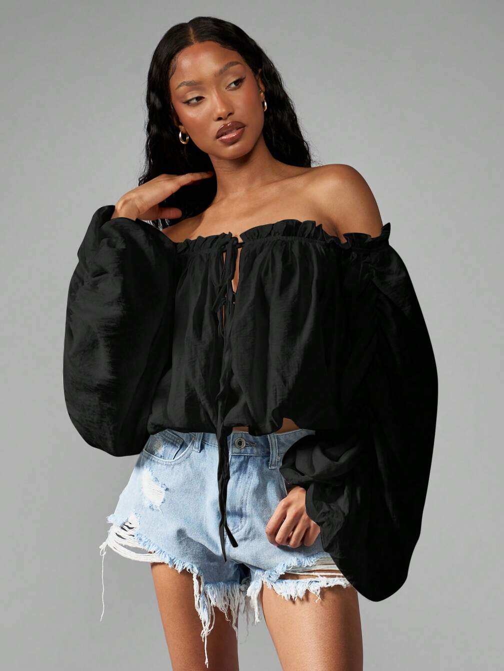 MISSGUIDED Off Shoulder Balloon Sleeve Ruffle Trim Blouse｜MISSGUIDED Ruffle Sleeve Balloon Tops