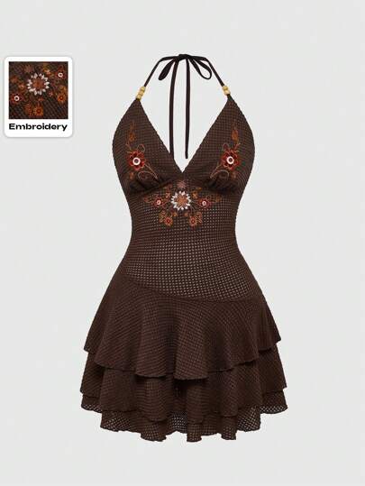 Hippie Y2K Hippie Floral Totem Embroidery Halter Neck Layered Hem Casual Mini Dress For Women