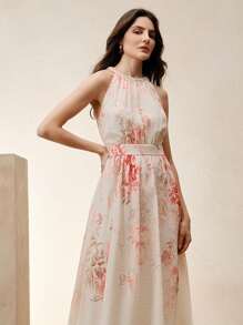 Anewsta Spring/Summer Elegant Floral Print Halter Neck Waisted Women's Maxi Dress - Apricot - View 3