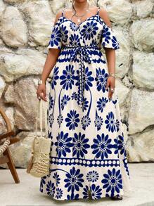 SHEIN Lady Váy hai dây dài tay ngắn cỡ lớn thanh lịch cho công sở đi làm thường ngày phong cách boho thường ngày đi chơi nhiều màu sắc dệt kim dáng xòe bồng bềnh có thắt lưng - Màu xanh lam - Xem 3