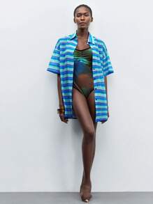 Maija Women's Vacation Striped Short Sleeve Single-Breasted Casual Kimono Cover Up - Blue - View 3