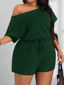 SHEIN PETITE CURVE 女式大码夏季休闲露肩短袖连体裤 - 墨綠色 - 查看 5