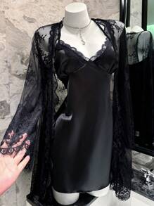 SilkySpell Vestido camisero suelto con cuello en V sexy, con bata de lencería de malla hueca. Conjunto ultra seductor y cómodo