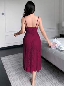 SHEIN Lace Patchwork Ruffle Hem Side Slit Ladies Nightgown - Burgundy - View 2