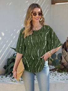 Glamance ORANGE STUDIO 女士绿色波尔卡圆点优雅网眼T恤，夏季 - 墨綠色 - 查看 1