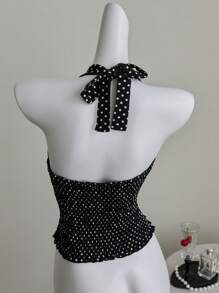 Elamini Women's Fashion Sexy Polka Dot Tie Halter Neck Top , Suitable For Vacation - Black - View 2