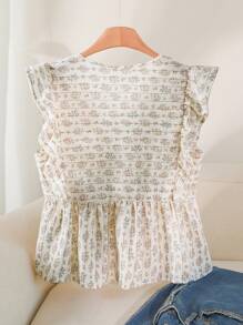 CosyJoli 大码夏季休闲简约度假花卉印花 V 领荷叶边拼接女式衬衫