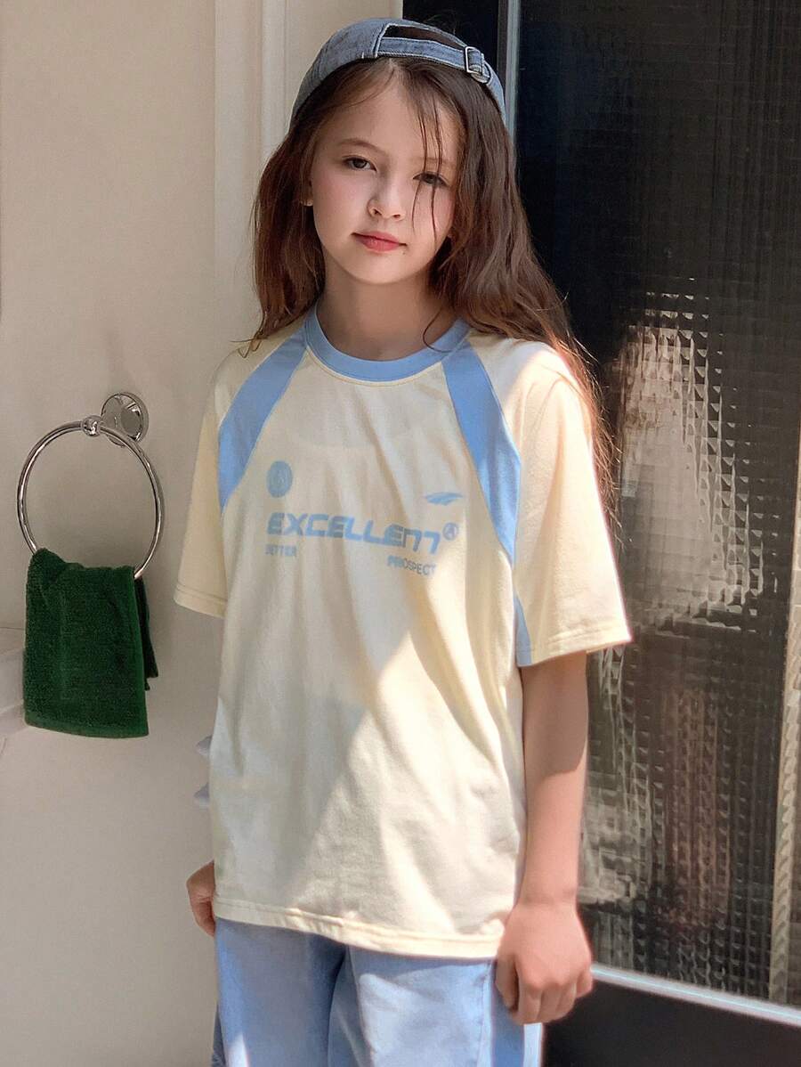 DAZY Tween 女童休闲运动字母印花撞色插肩短袖 T 恤，夏季，返校服