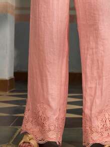 ZEYLAH 100% LINEN ELEGANT WIDE LEG PANTS WITH LACE HEM, PLEATED, FOR SPRING/SUMMER - Pink - View 2