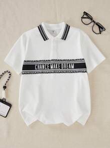 SHEIN T-shirt casual a maniche corte da ragazzo, con colletto tipo polo e stampa a lettere