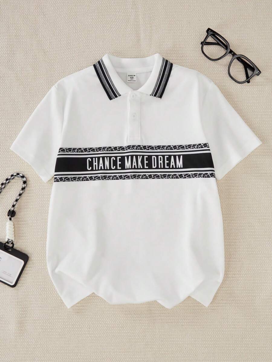 SHEIN T-shirt casual a maniche corte da ragazzo, con colletto tipo polo e stampa a lettere