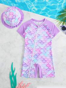 女童连体拉链美人鱼卡通印花荷叶边防晒泳衣，美人鱼服装，儿童美人鱼套装，幼儿美人鱼女童套装，幼儿美人鱼套装，儿童美人鱼泳衣，夏季假日