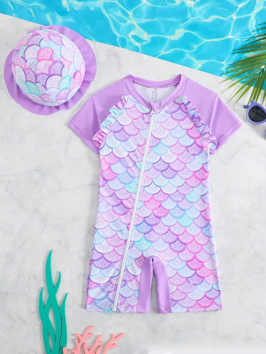 女童连体拉链美人鱼卡通印花荷叶边防晒泳衣，美人鱼服装，儿童美人鱼套装，幼儿美人鱼女童套装，幼儿美人鱼套装，儿童美人鱼泳衣，夏季假日