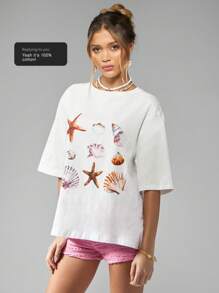 MISSGUIDED Summer Beach Shell Print Oversized T-Shirt Resort Vacation Coastal Seashell Marine Ocean Theme Starfish Pattern Casual Holiday Wear - White - View 1