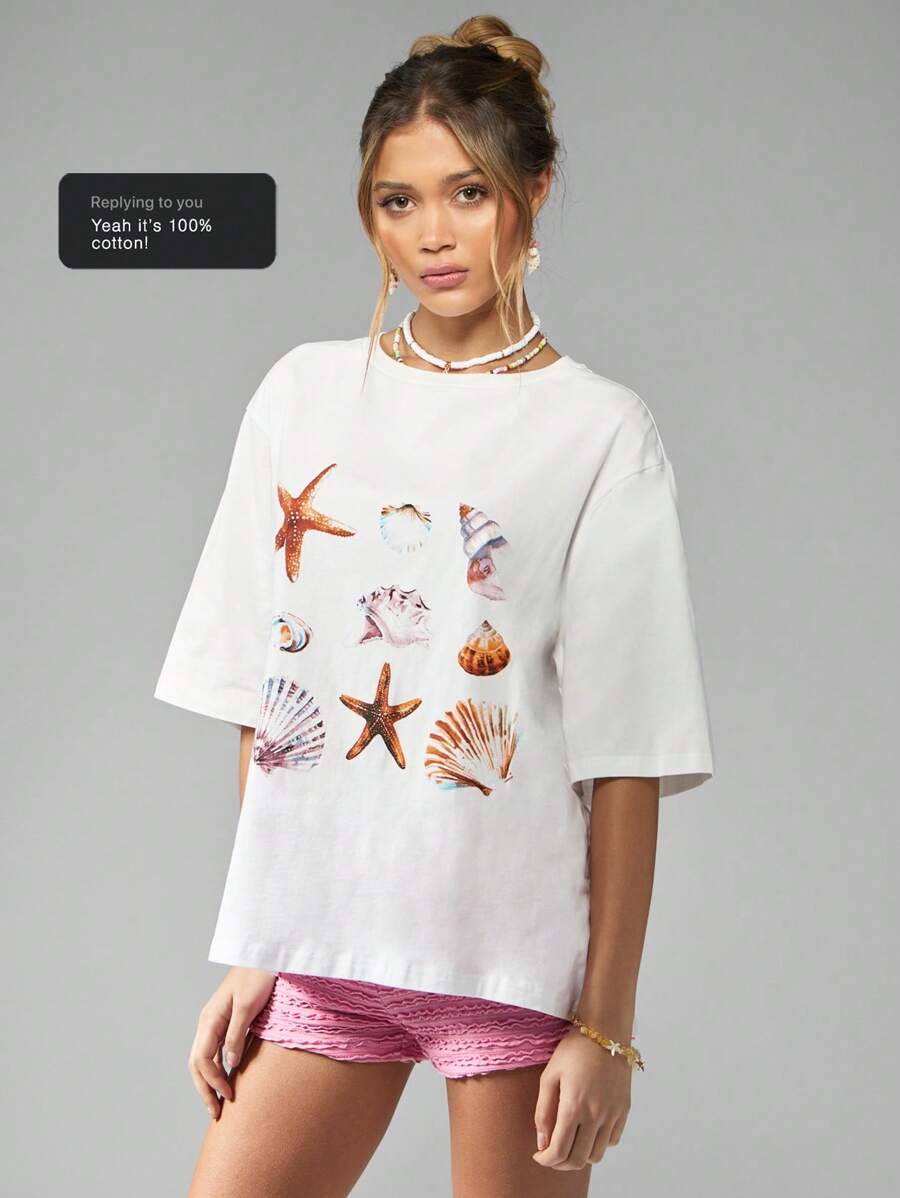 MISSGUIDED Summer Beach Shell Print Oversized T-Shirt Resort Vacation Coastal Seashell Marine Ocean Theme Starfish Pattern Casual Holiday Wear - White - View 1