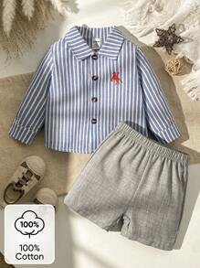 Souflis Souflis 2pcs Baby Boy Sets, Casual Minimal Vertical Striped Embroidered Collar Shirt And Solid Color Shorts, Blue And Gray Combination, Minimalist Style Suitable For Outdoor Play, Home Leisure, Sports, Spring, Summer, Autumn