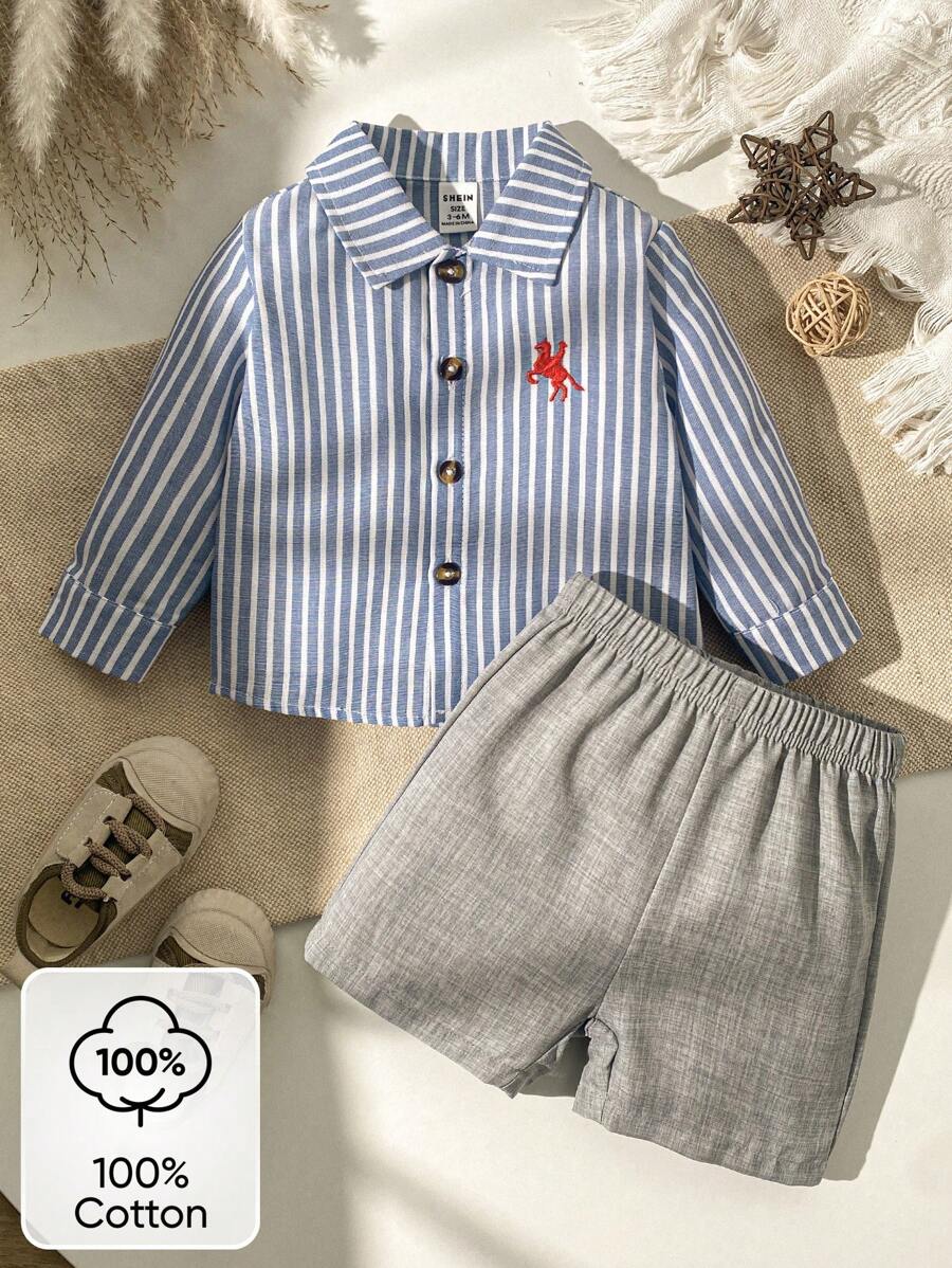 Souflis Souflis 2pcs Baby Boy Sets, Casual Minimal Vertical Striped Embroidered Collar Shirt And Solid Color Shorts, Blue And Gray Combination, Minimalist Style Suitable For Outdoor Play, Home Leisure, Sports, Spring, Summer, Autumn