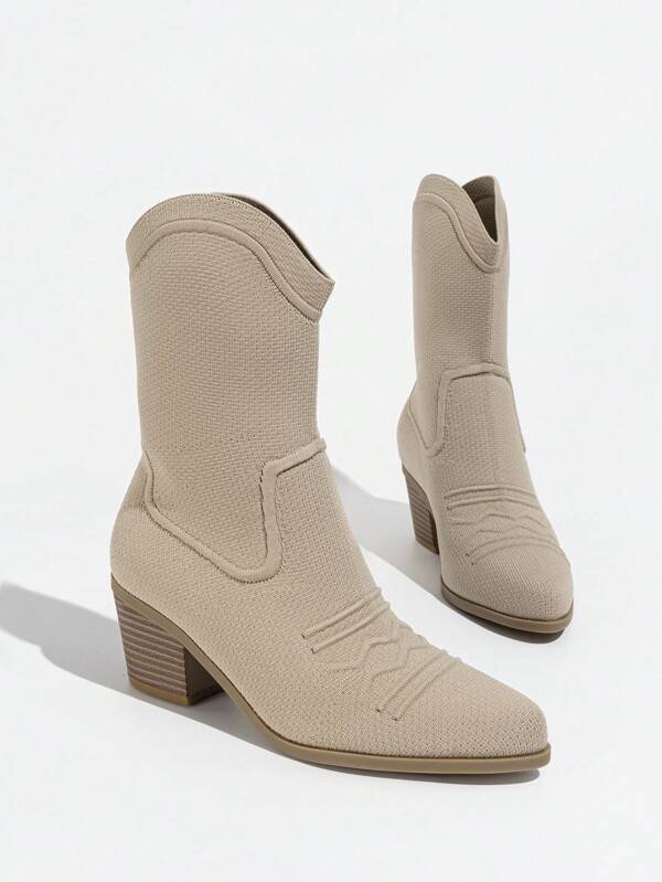 Daringsoles Women's Pointed Toe Chunky Heel Slip-On Western Booties, Faux Suede Embroidered Knee-High Riding Boots For Autumn/Winter