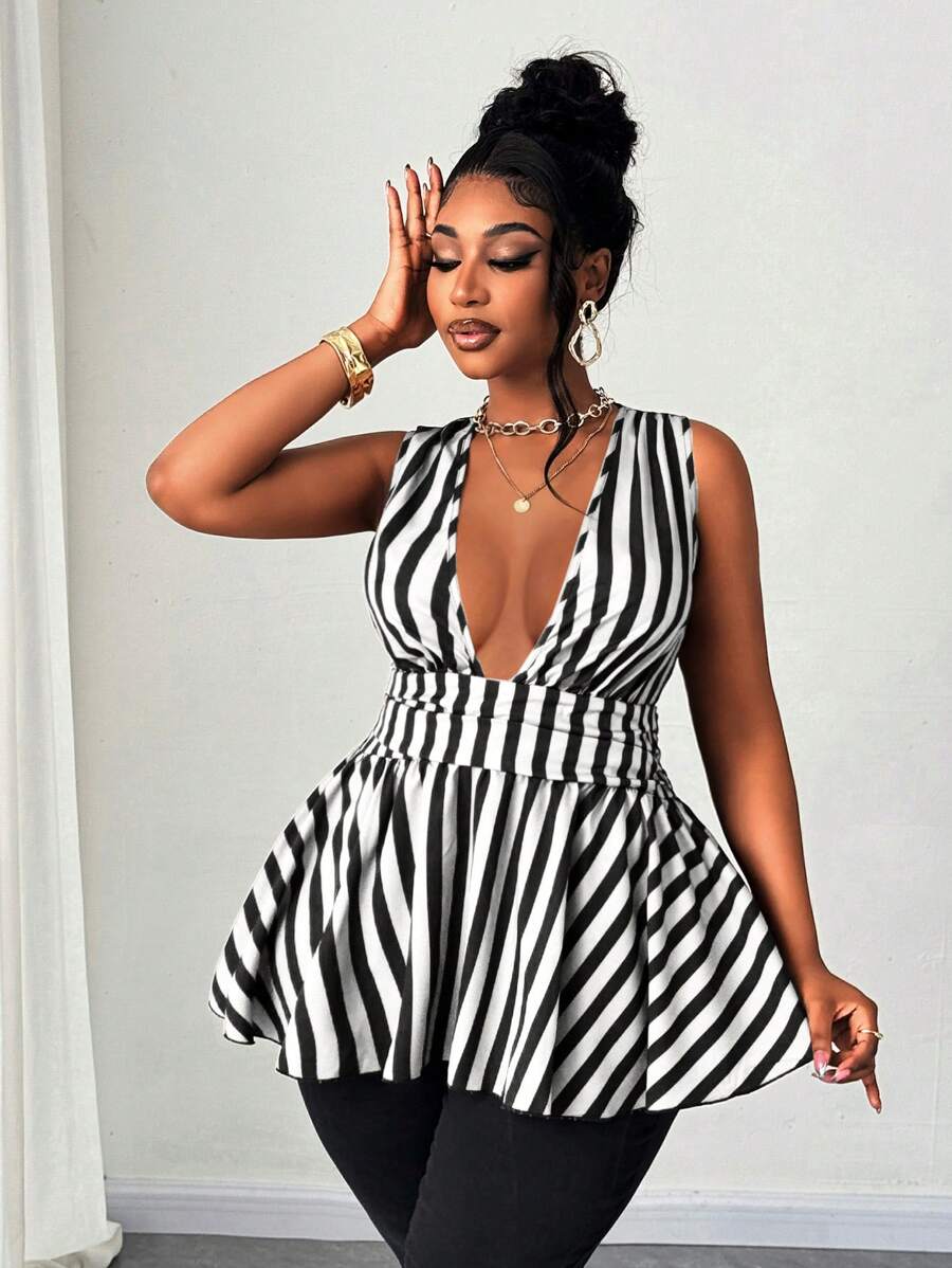 Maweii 大码女式数码条纹梭织休闲性感衬衫 - 黑與白 - 查看 1