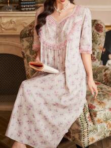 SHEIN Vintage Palace Style Ditsy Floral Color Block Lace Patchwork Half Sleeve Long Nightgown - Multicolor - View 1