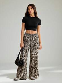 SHEIN Tall Leopard Print Women's Wide Leg Trousers Cheetah Print, Leopard Pants Fall Women Clothes - Brown - View 6