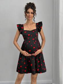 Momance 优雅随机心形图案系带露背短袖孕妇连衣裙 - 黑色 - 查看 3