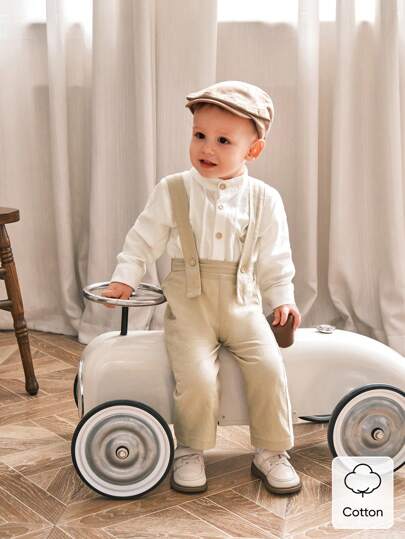 SHEIN 2 件装男婴纯色舒适休闲背带裤和长裤套装，适合秋冬季户外玩耍度假日常旅行