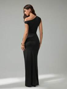 SHEIN Tall 女式纯色不对称领口褶皱优雅连衣裙 - 黑色 - 查看 2
