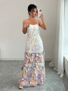 Chiquease 3D 花卉刺绣网眼长裙，彩色花卉贴花，二合一，细肩带，方领花卉蕾丝花边，露背，透视，超大 A 字形度假、节日、派对、婚礼、优雅、性感、奢华、浪漫、春/夏 - 白色 - 查看 5