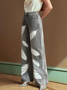 SHEIN BAE Jeans a vita bassa con stampa di piume, gamba dritta e morbida, casual e versatile per tutte le stagioni - Grigio - Visualizzare 4