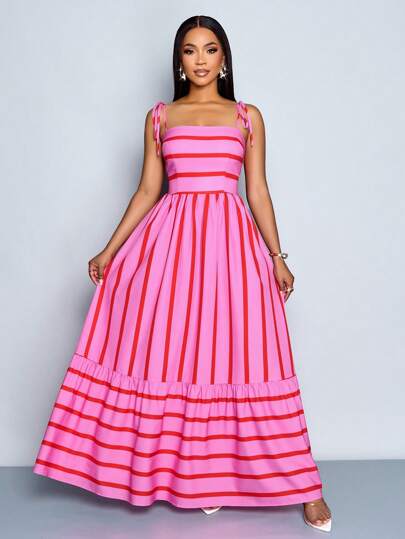 SOLERSUN Vestido largo de estilo fluido y con rayas, con tirantes y detalles de recogido en el pecho, adecuado para vacaciones, playa, viajes y uso casual, elegante vestido (Floral aleatorio)