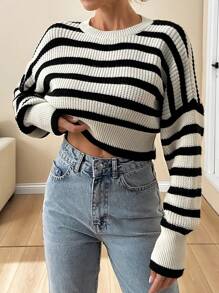 EURMUSE Women Casual Side Stribe Sweater For Winter Crop Sweater Striped Top Knit Top,Jumper,Cream Jumper,Jumpers,Black Jumper,Womens Jumper,White Jumper,Women's Jumper,Women's Jumpers - Black and White - View 3
