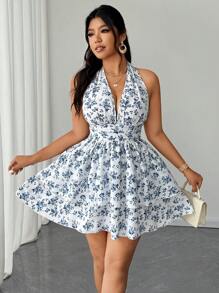 Elenzga Đầm midi không tay, ôm eo, cổ chữ V, dáng rộng, thời trang thanh lịch, du lịch hàng ngày, vải thời trang xuân/hè cỡ lớn cho nữ, đa năng - Xanh và trắng - Xem 2