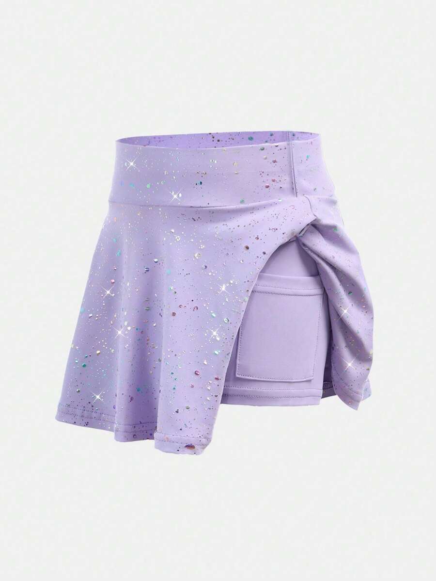 SHEIN Young Girls Activewear Purple Star Print Elastic Waist Comfortable Breathable Mini Skirt, For Yoga, Indoor Dance