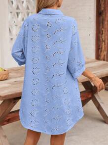 SHEIN VCAY Camicia casual oversize con maniche corte, in colore unito, ricamata e con dettagli traforati, per taglie comode