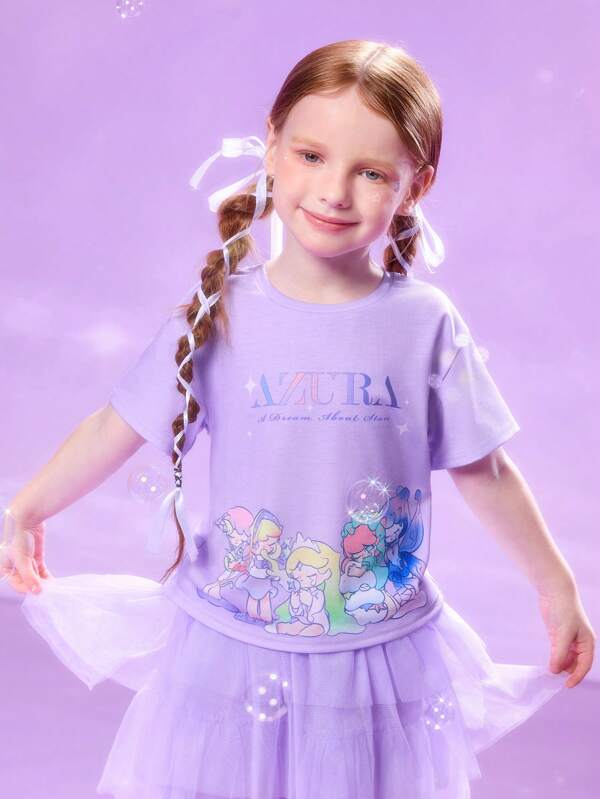 Pop Mart Azura X SHEIN Young Girl Cartoon Pattern Purple Drop Shoulder Loose Sweet Short Sleeve T-Shirt For Summer