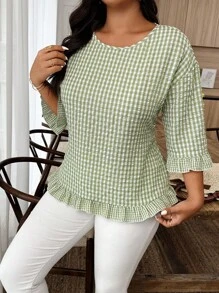 Weeklong Plus Size Casual Vacation Plaid Ruffle Trim 3/4 Sleeve Blouse