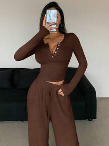 DAZY 2pcs Women Casual Half Button Fitted T-Shirt & Drawstring Waist Loose Straight Pants Set, Spring & Autumn Two Pieces Lounge Set Women Tracksuits Women Set - Brown - View 5