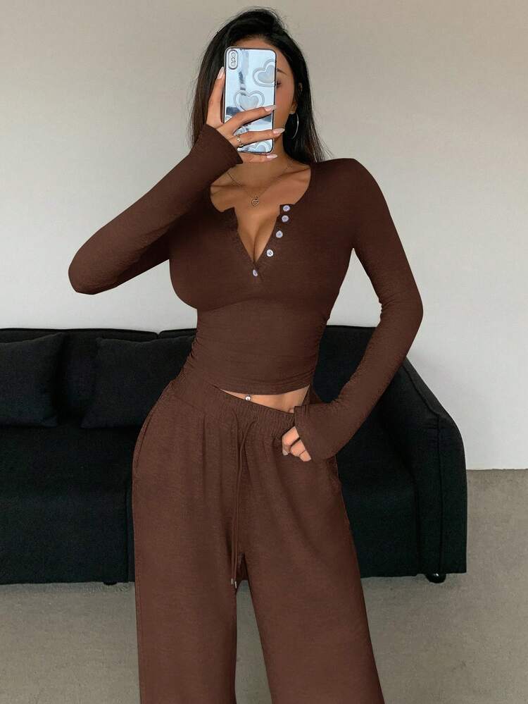2pcs Women Casual Half Button Fitted T-Shirt & Drawstring Waist Loose Straight Pants Set, Spring & Autumn Two Pieces Lounge Set Women Tracksuits Women Set