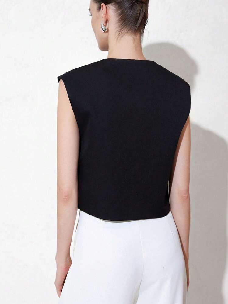 Aveloria Modichic Jaqueta feminina elegante para uso profissional, com gola redonda, mangas curtas, fivela quadrada de metal, caimento solto, cropped - Preto - Ver 2