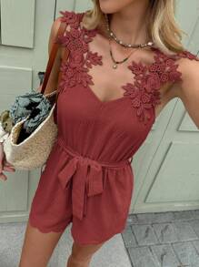 SHEIN Frenchy Bộ đồ liền thân không tay trang trí miếng dán màu trơn cho nữ mùa hè - Gỗ đỏ - Xem 6